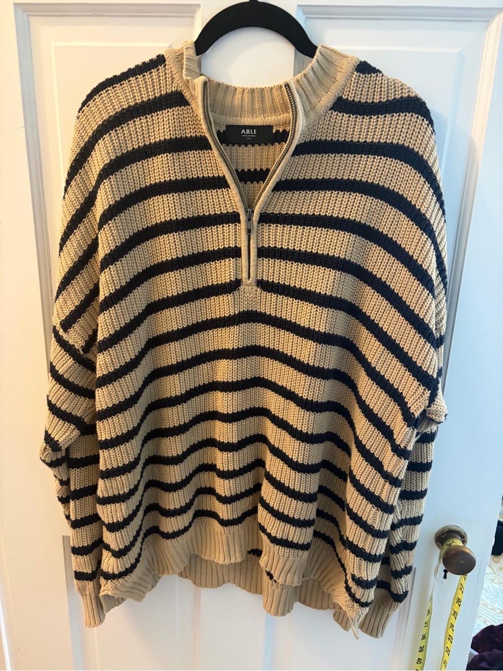 ABLE Beige and Black Striped Half-Zip Knit Sweater 100% Organic Cotton